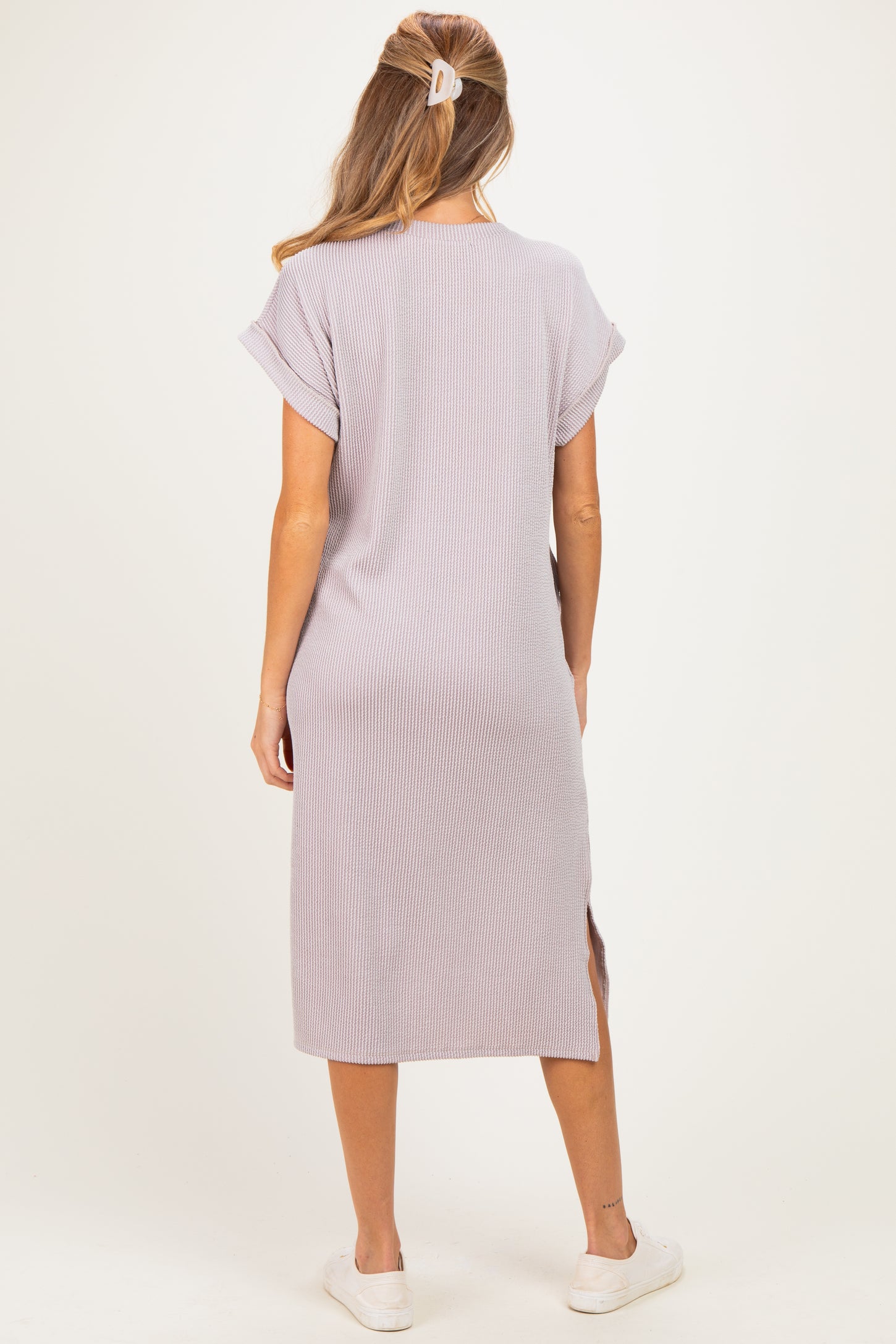 Beige Short Sleeve Ribbed Maternity Maxi Dress