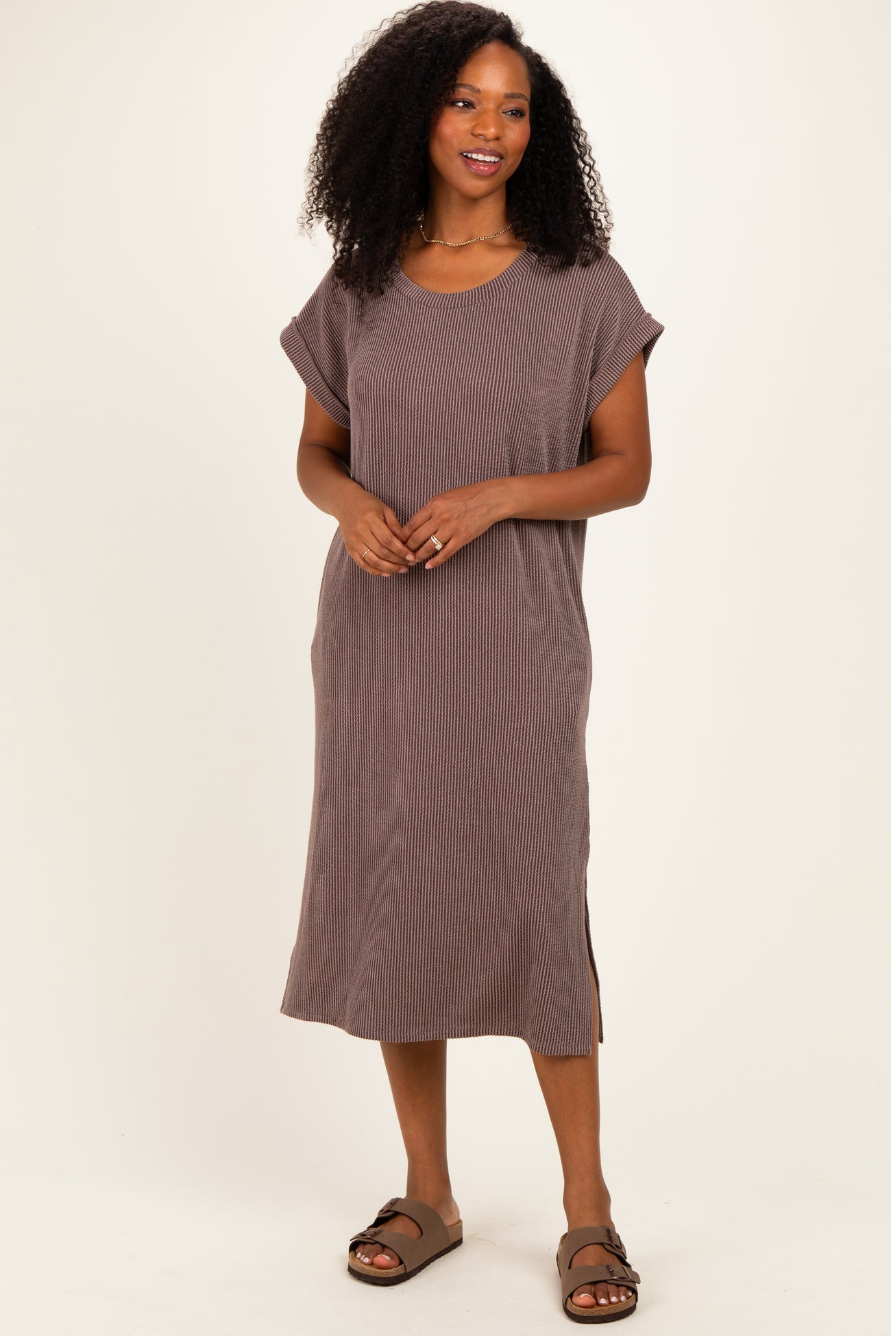Brown Short Sleeve Ribbed Maternity Maxi Dress