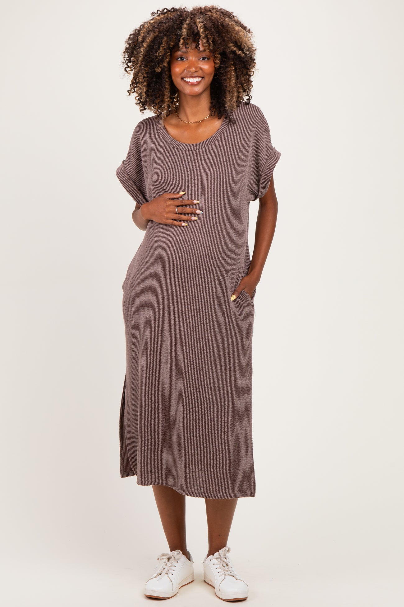 Brown Short Sleeve Ribbed Maternity Maxi Dress