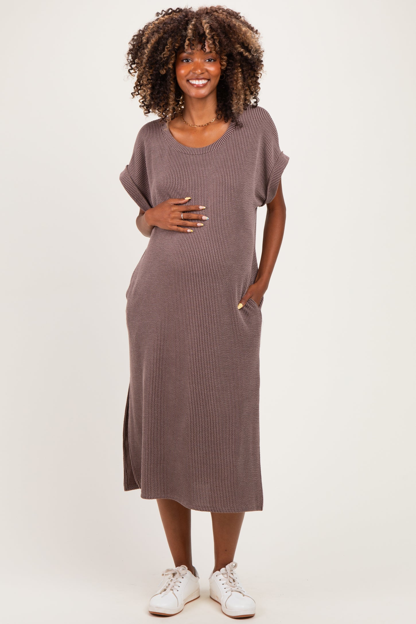 Brown Short Sleeve Ribbed Maternity Maxi Dress