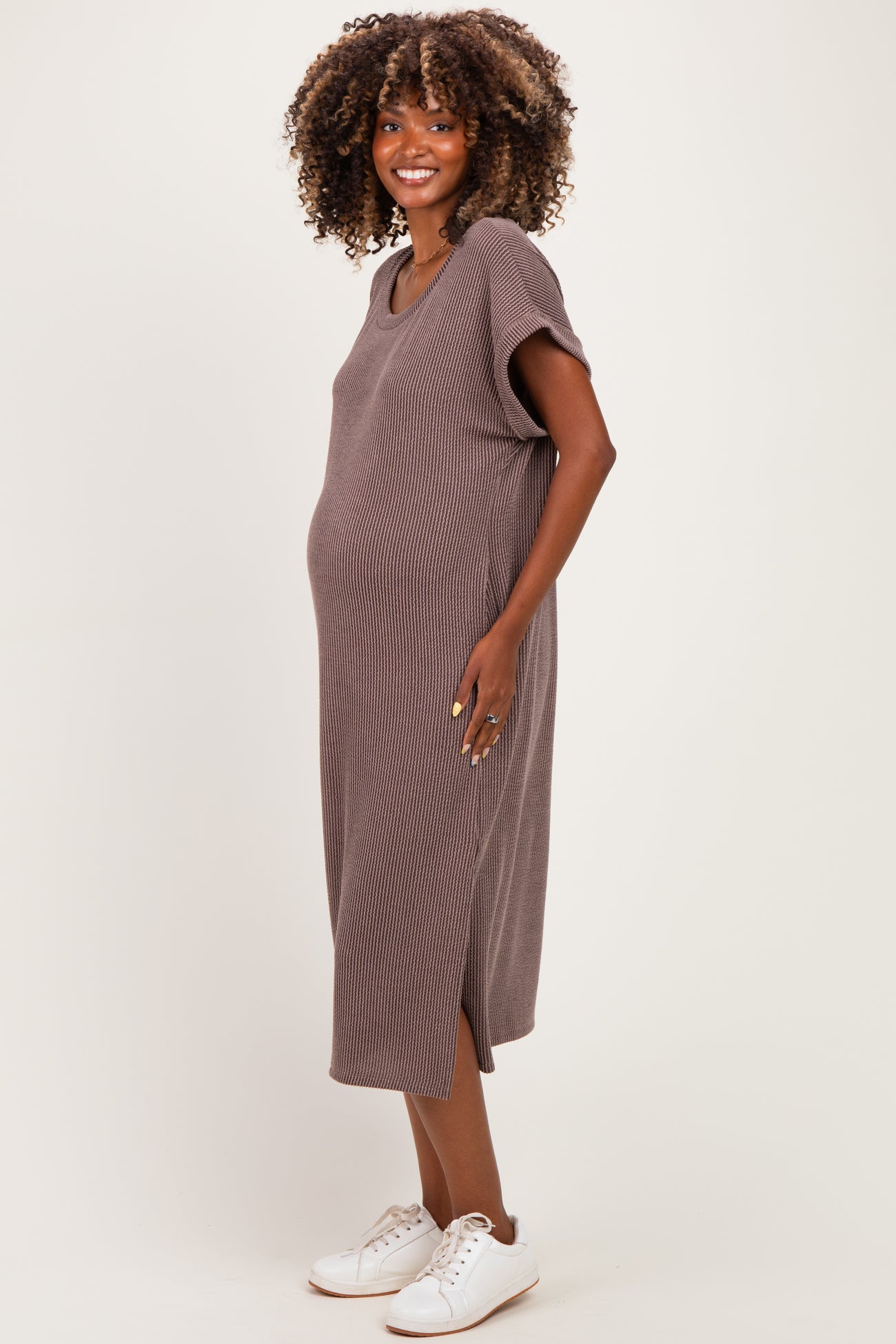 Brown Short Sleeve Ribbed Maternity Maxi Dress