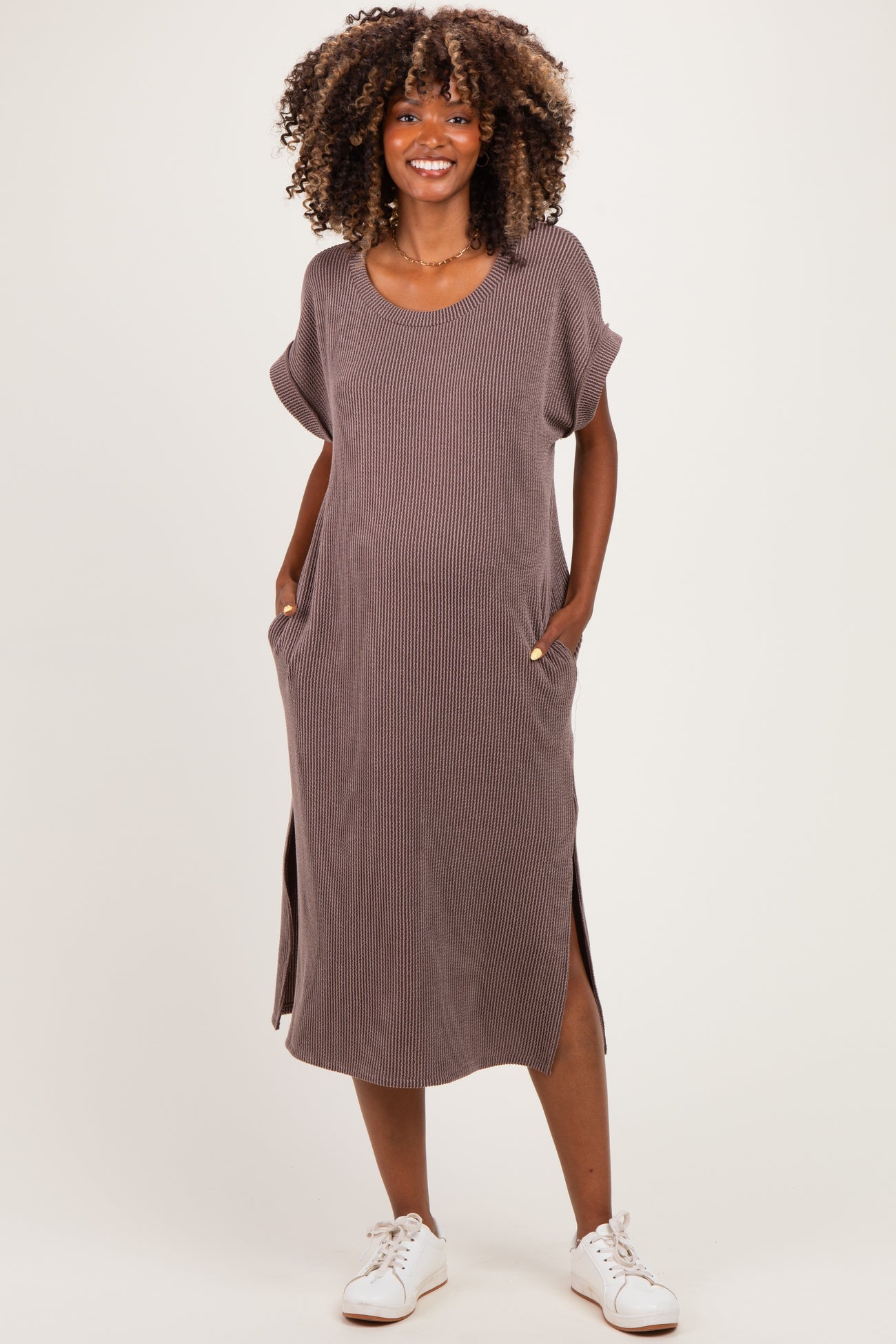 Brown Short Sleeve Ribbed Maternity Maxi Dress