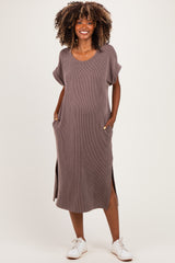 Brown Short Sleeve Ribbed Maternity Maxi Dress