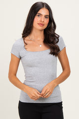Heather Grey Ribbed Square Neck Cap Sleeve Top