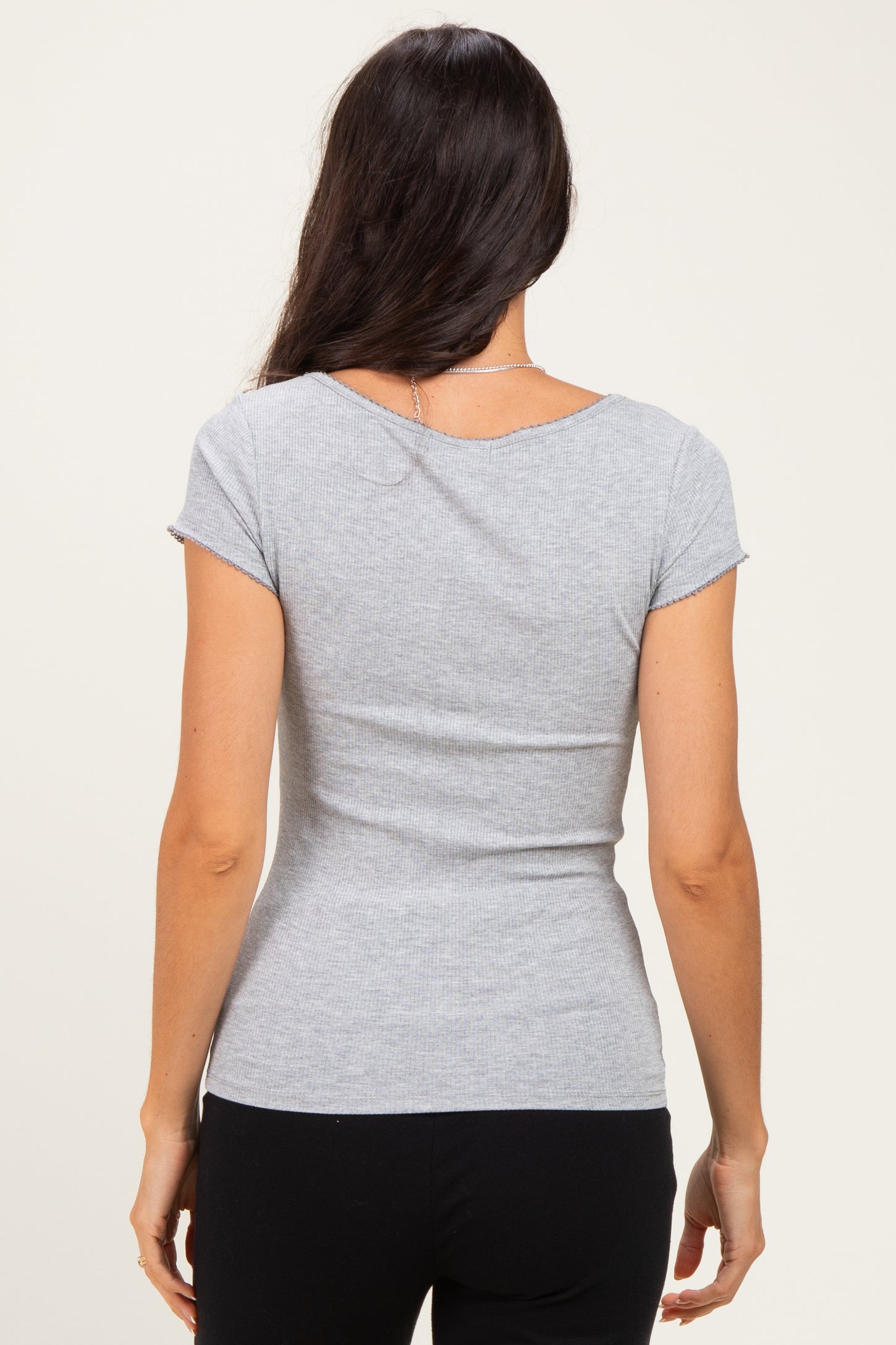Heather Grey Ribbed Square Neck Cap Sleeve Top