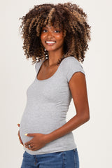 Heather Grey Ribbed Square Neck Cap Sleeve Maternity Top