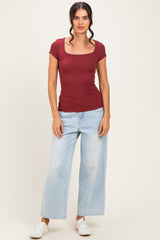 Maroon Ribbed Square Neck Cap Sleeve Top