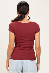 Maroon Ribbed Square Neck Cap Sleeve Top
