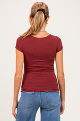 Maroon Ribbed Square Neck Cap Sleeve Maternity Top