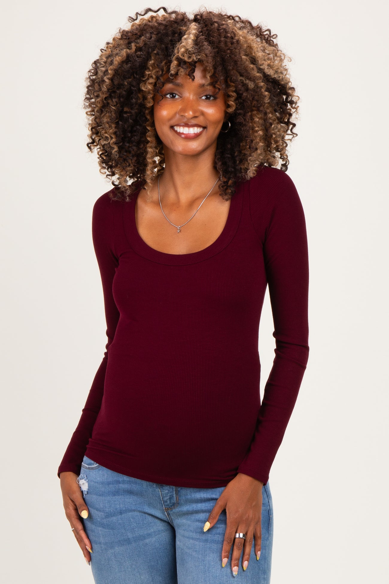 Burgundy Ribbed Scoop Neck Long Sleeve Maternity Top