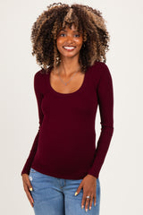 Burgundy Ribbed Scoop Neck Long Sleeve Maternity Top