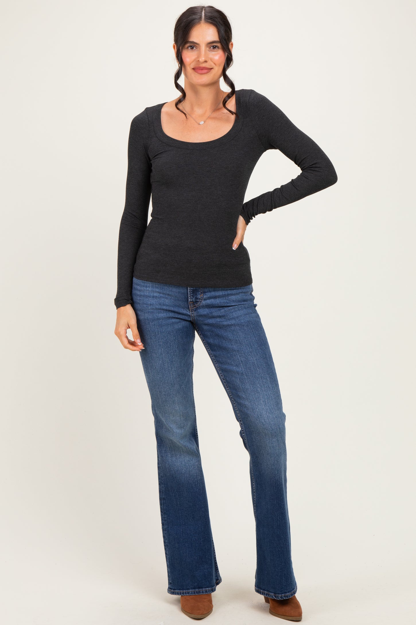 Charcoal Ribbed Scoop Neck Long Sleeve Top