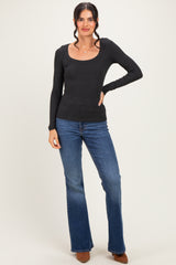 Charcoal Ribbed Scoop Neck Long Sleeve Top