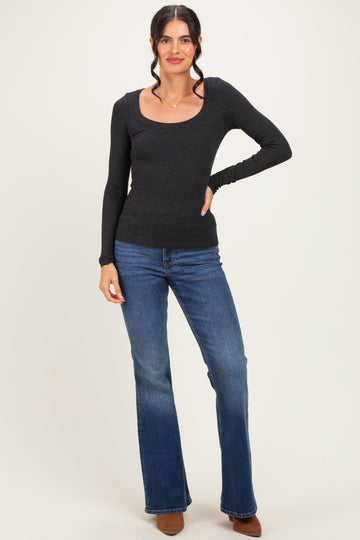 Charcoal Ribbed Scoop Neck Long Sleeve Top