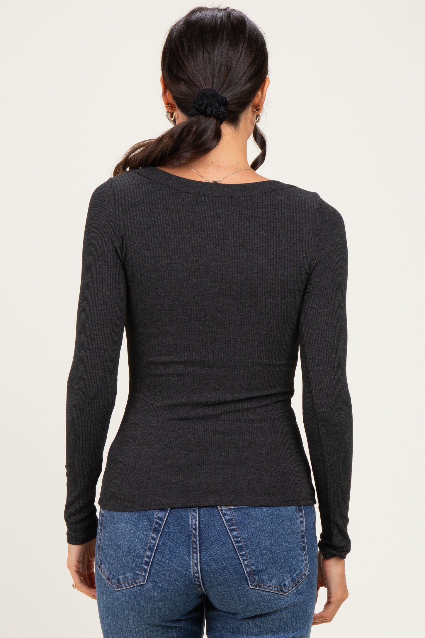 Charcoal Ribbed Scoop Neck Long Sleeve Top
