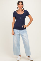 Navy Ribbed Button Scoop Neck Short Sleeve Top