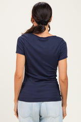 Navy Ribbed Button Scoop Neck Short Sleeve Top