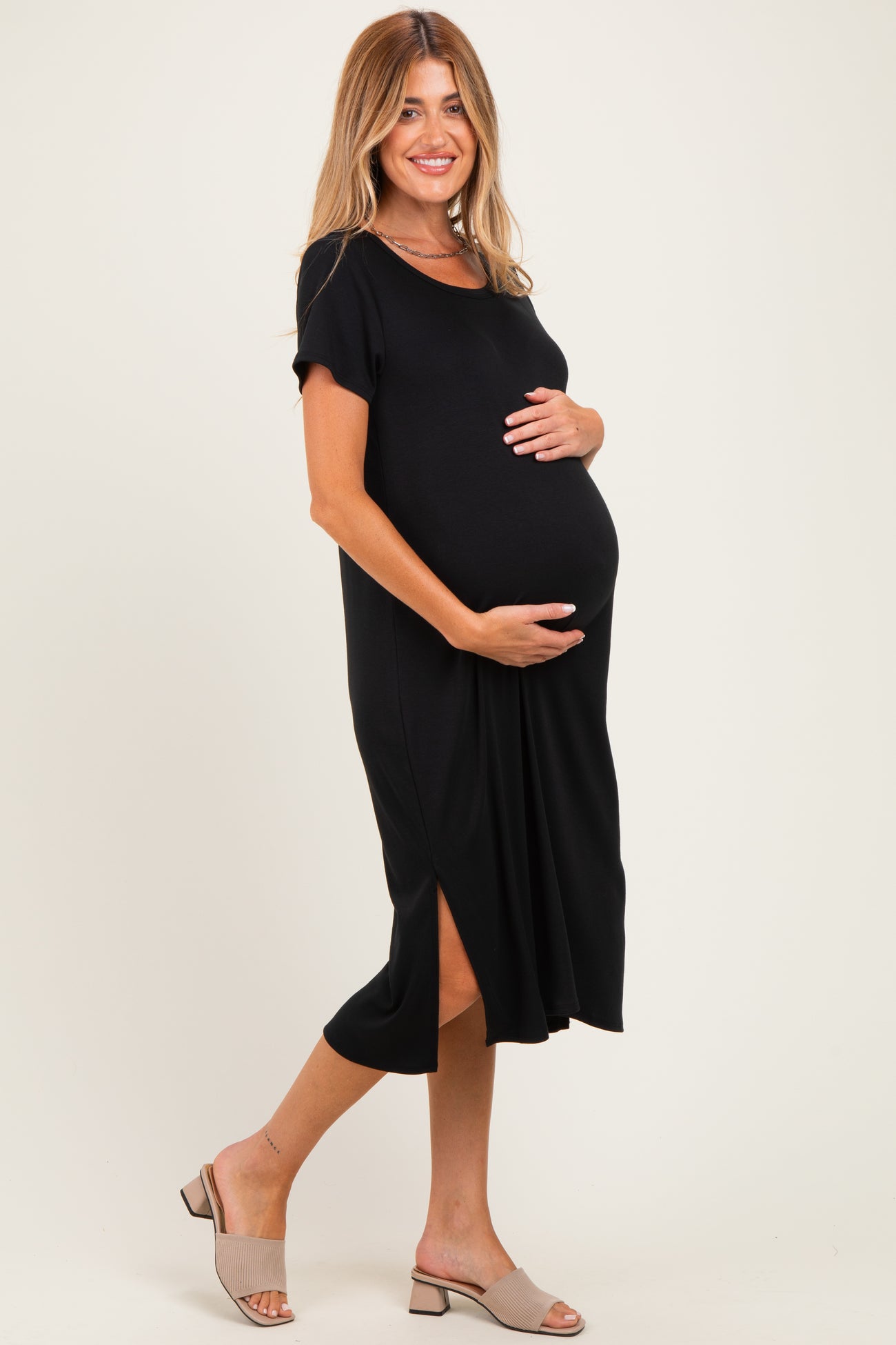 Black Side Slit Maternity Midi Dress