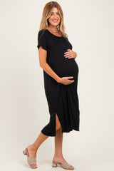 Black Side Slit Maternity Midi Dress
