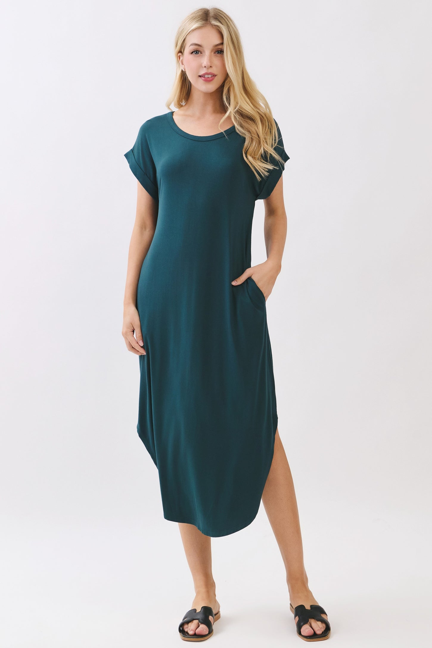 Hunter Green Rounded Hem Maternity Midi Dress