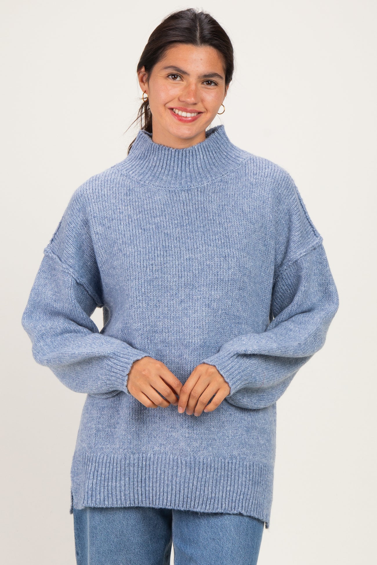 Blue Mock Neck Oversized Maternity Sweater