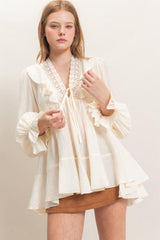 Cream Ruffle Lace Tie Neck Blouse