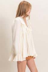 Cream Ruffle Lace Tie Neck Blouse