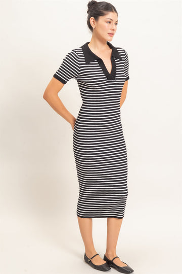 Black Ribbed Striped Collared Midi Dress