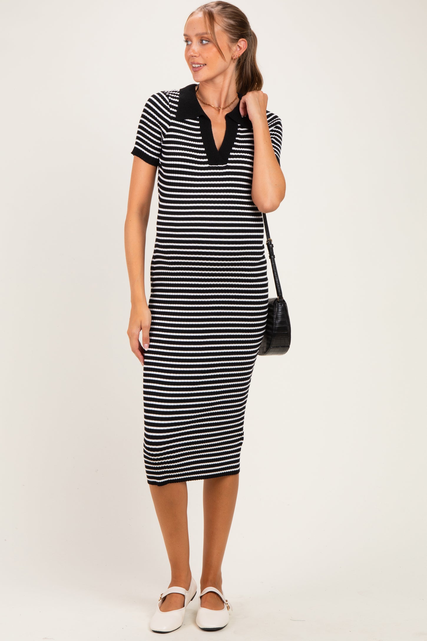 Black Ribbed Striped Collared Maternity Midi Dress