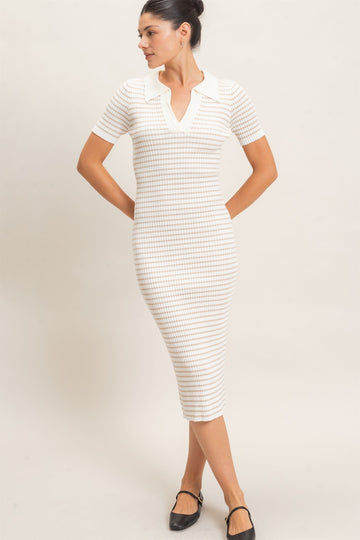 Cream Ribbed Striped Collared Midi Dress