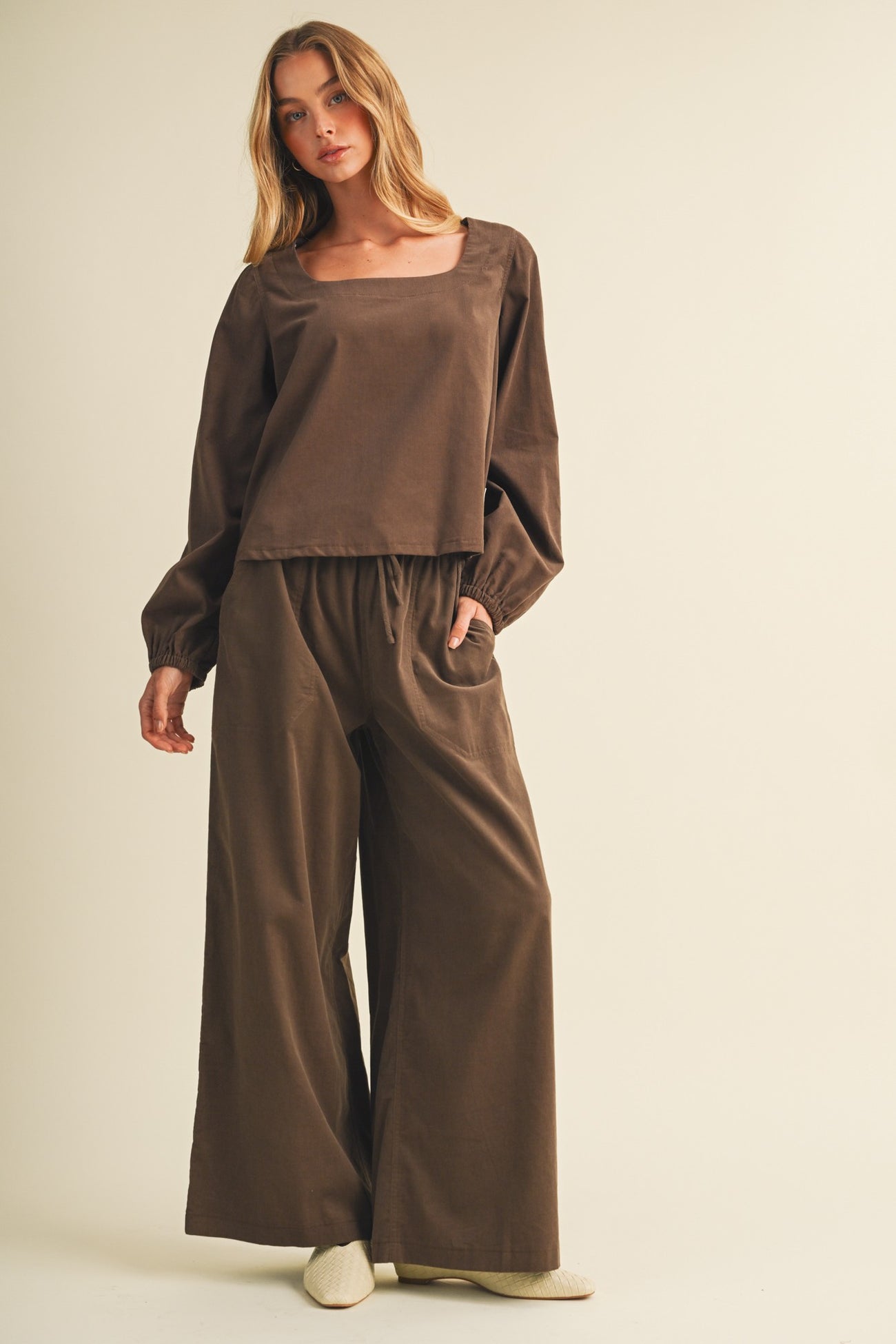 Brown Wide Leg Elastic Waistband Trousers