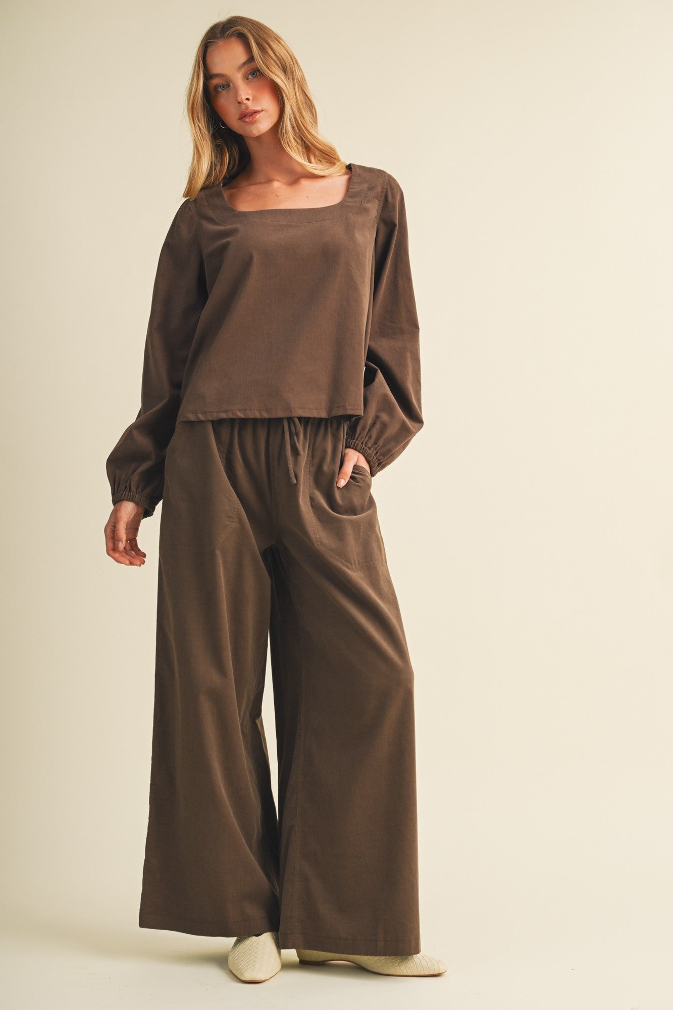 Brown Wide Leg Elastic Waistband Trousers