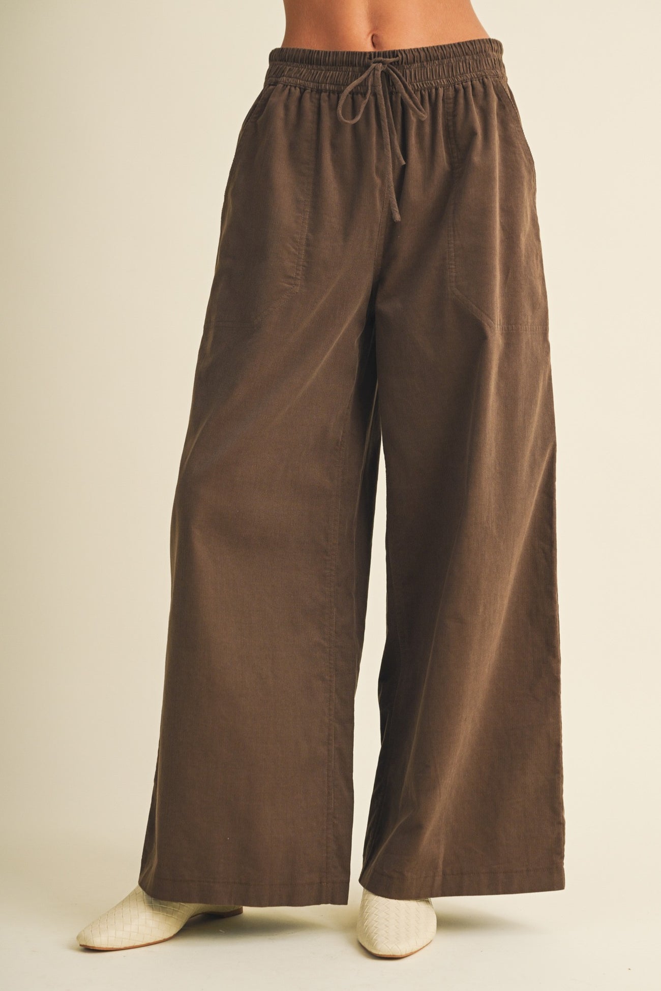 Brown Wide Leg Elastic Waistband Trousers