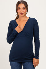 Navy Fitted Long Sleeve Wrap V-Neck Maternity Top