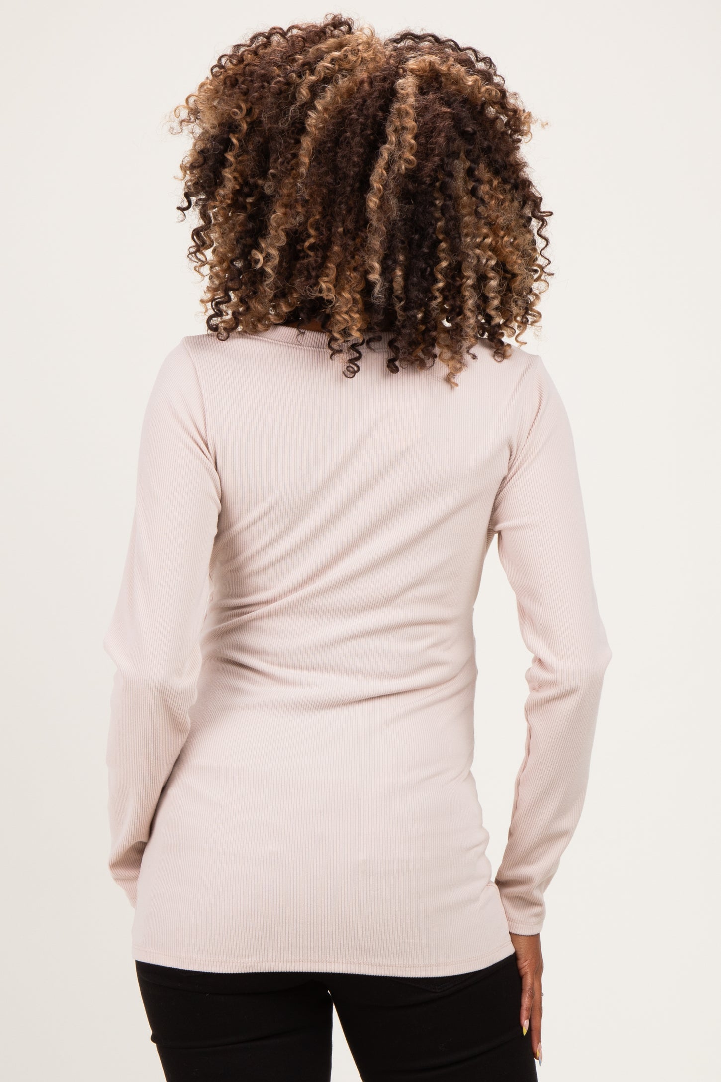 Beige Fitted Long Sleeve Wrap V-Neck Maternity Top