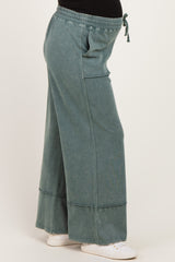 woman wearing seafoam green maternity wide-leg sweatpants with side pockets and adjustable drawstring waist