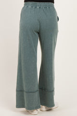 maternity wear in teal wide leg pants with elastic waistband and side pockets, viewed from the back.