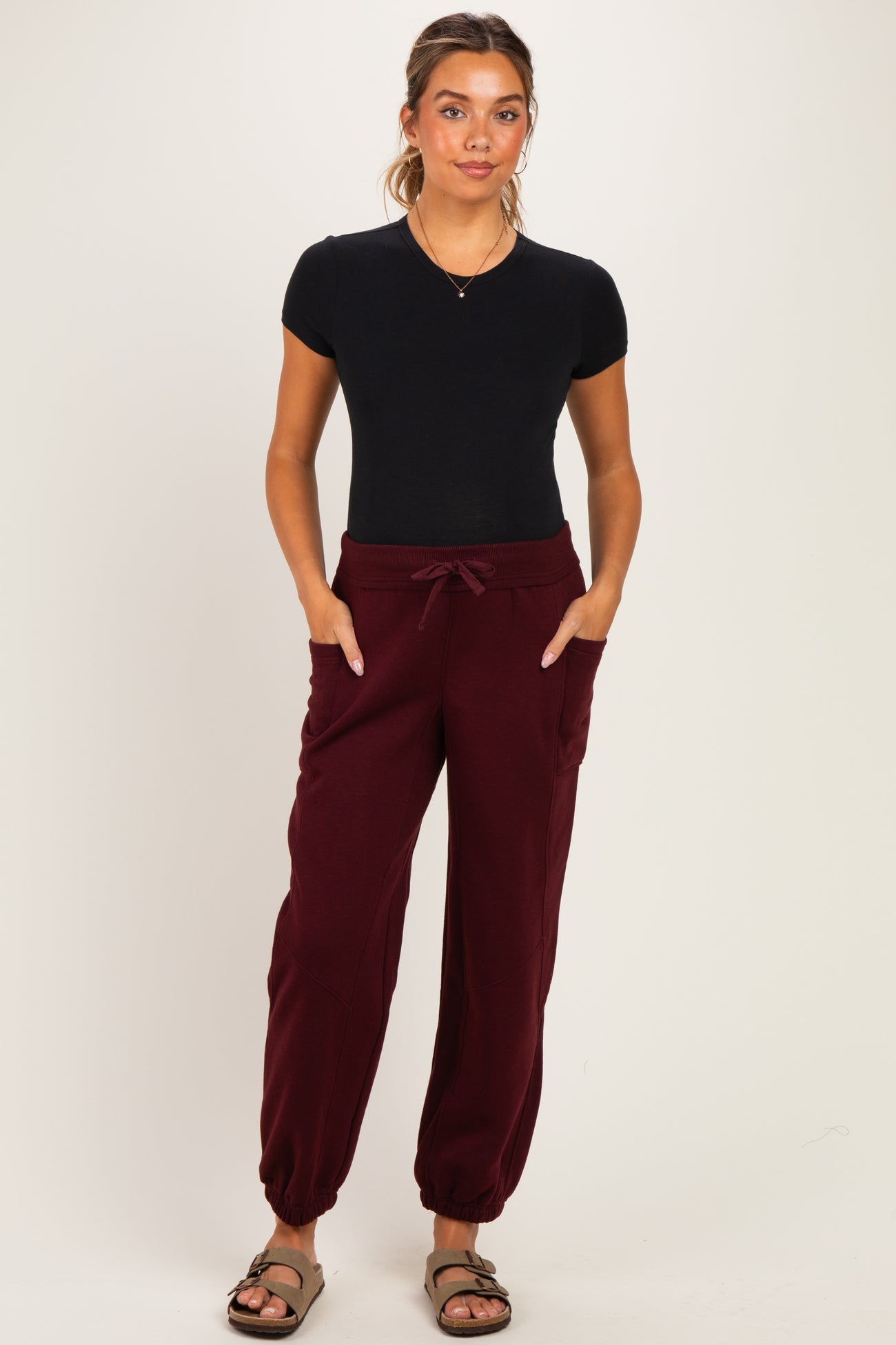 Dark Cherry Terry Drawstring Maternity Joggers