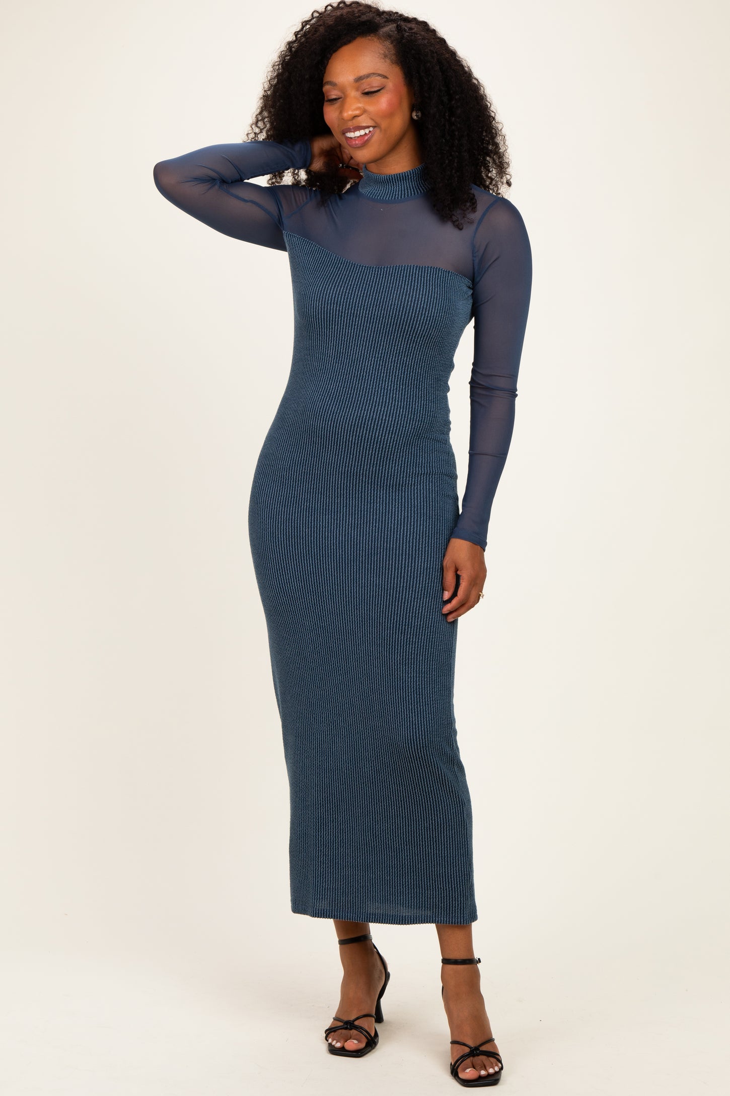 Hunter Green Ribbed Knit Mock Neck Long Sleeve Maxi Dress