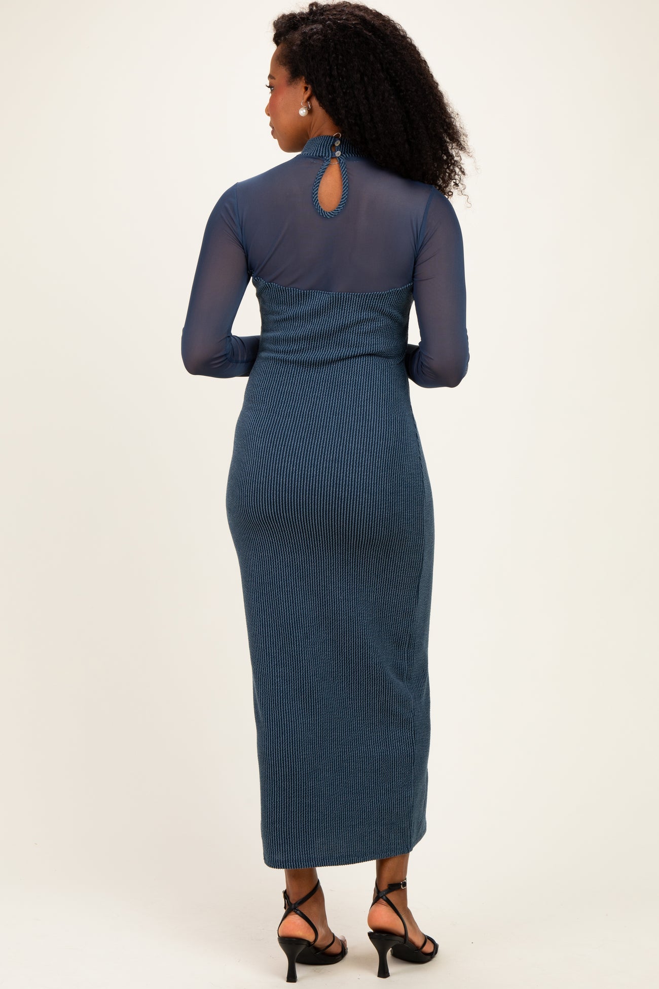 Hunter Green Ribbed Knit Mock Neck Long Sleeve Maxi Dress