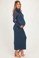 Hunter Green Ribbed Knit Mock Neck Long Sleeve Maternity Maxi Dress