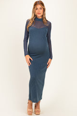 Hunter Green Ribbed Knit Mock Neck Long Sleeve Maternity Maxi Dress