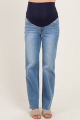 Blue Creased Raw Hem Slim Wide Leg Maternity Jeans