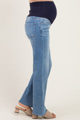 Blue Creased Raw Hem Slim Wide Leg Maternity Jeans