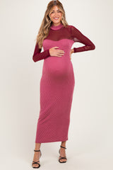 Dark Mauve Ribbed Knit Mock Neck Long Sleeve Maternity Maxi Dress