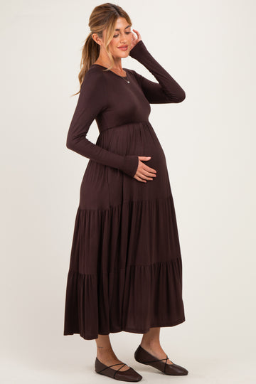 Brown Long Sleeve Maternity Maxi Dress