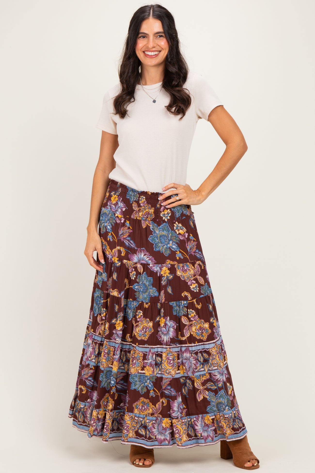 Cocoa Floral Smocked Waistband Tiered Maternity Maxi Skirt