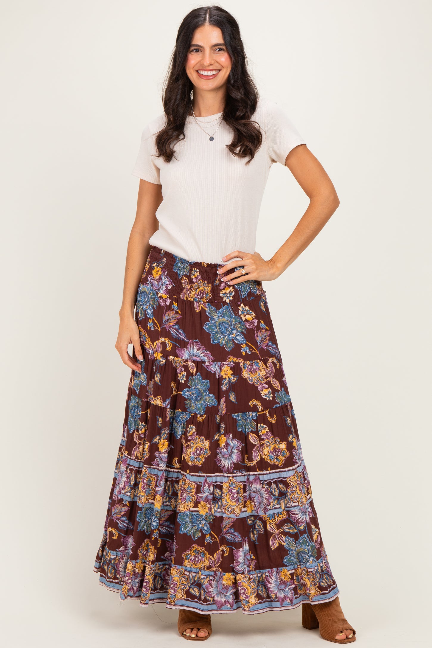 Cocoa Floral Smocked Waistband Tiered Maternity Maxi Skirt
