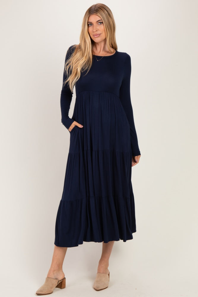 Navy Long Sleeve Maternity Maxi Dress