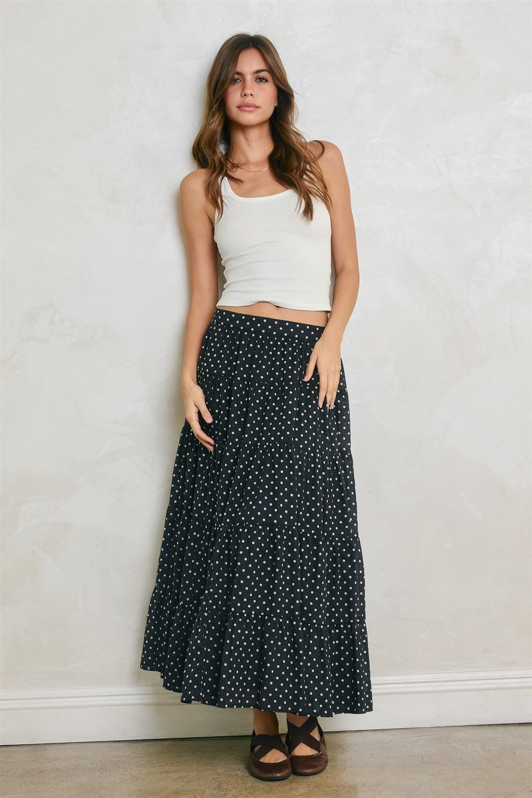 Black Polka Dot Tiered Maxi Skirt